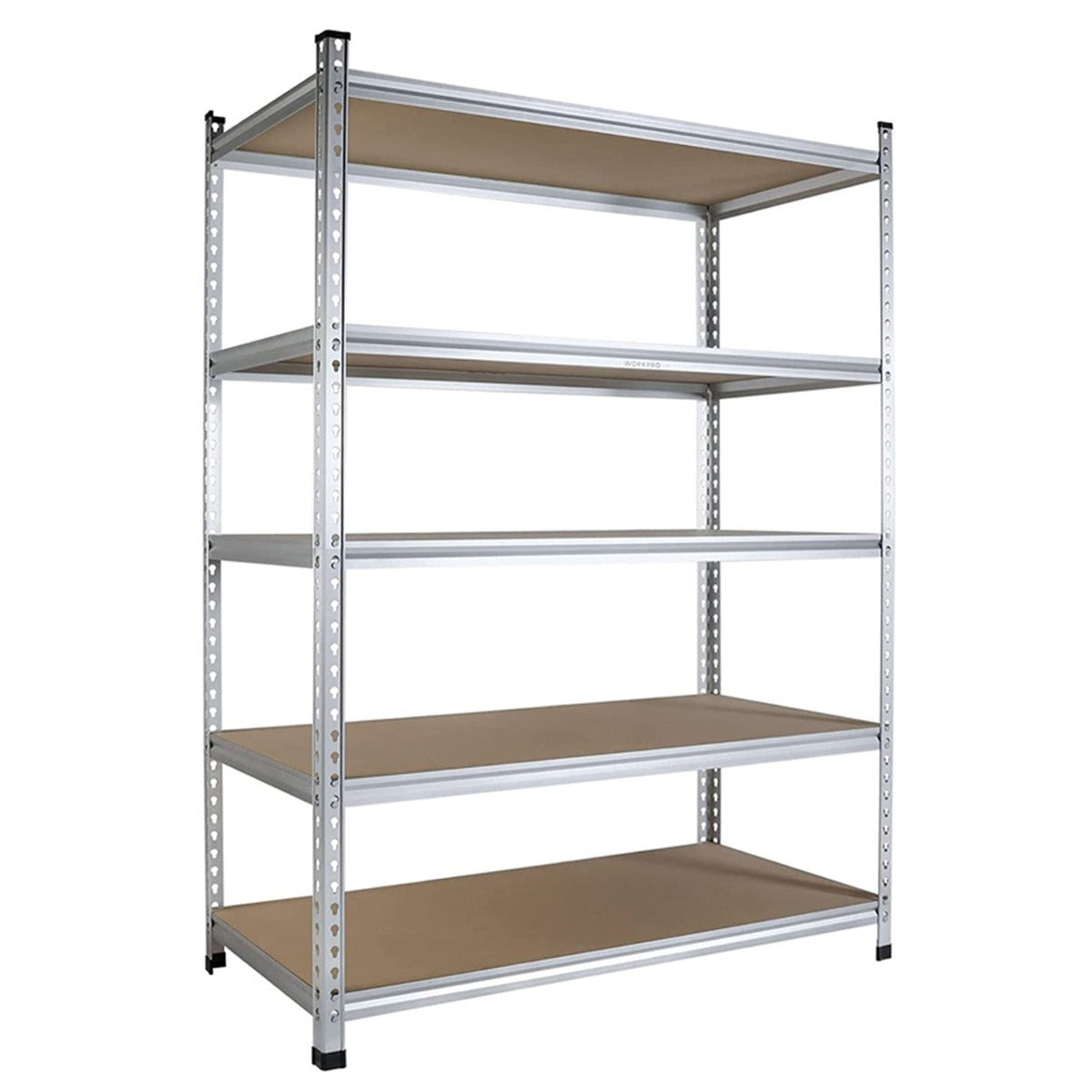 5-tier storage rack with aluminum frame and brown particle board shelves, adjustable