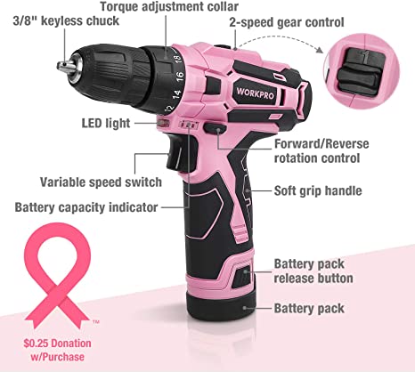 WORKPRO 12V Pink Cordless Drill Set & 6-in-1 Staple Gun & 8 Pcs Magnetic Screwdrivers Set & Cordless Hot Melt Glue Gun