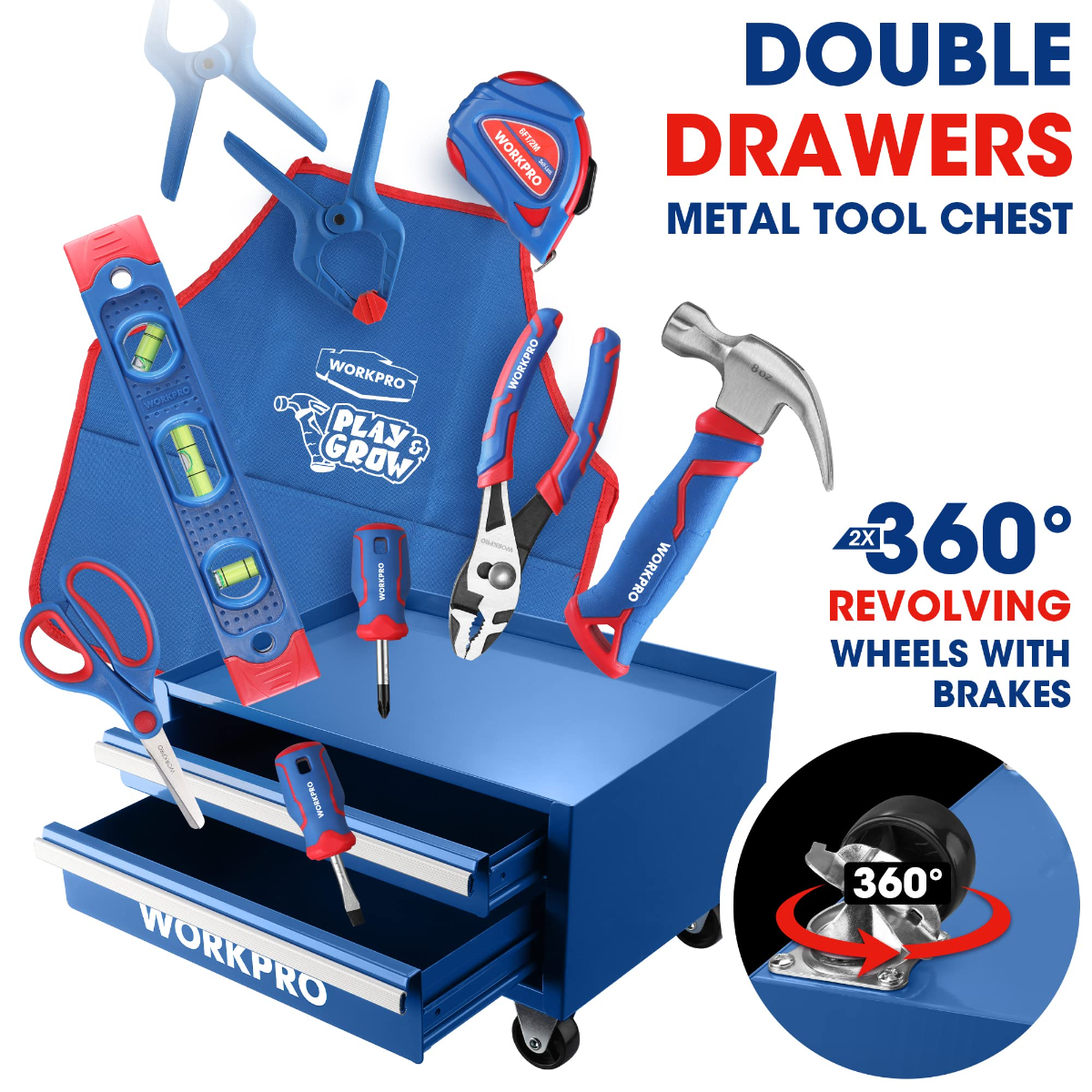 Blue kids tool chest on wheels with assorted pink-and-blue hand tools
