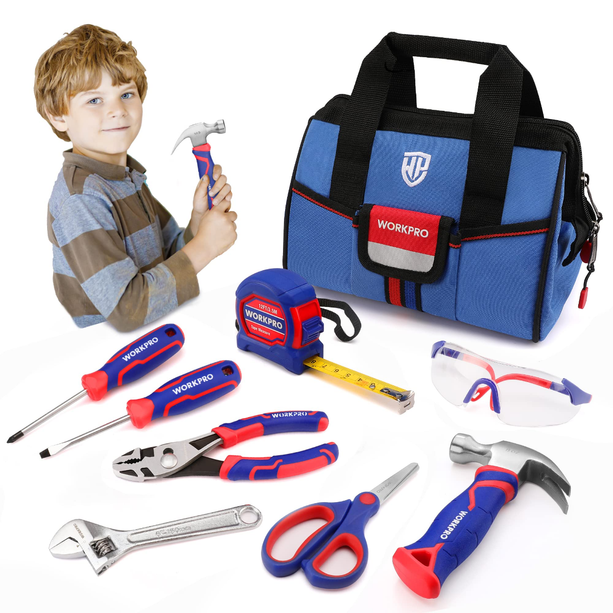 Blue kids tool bag with handle and assorted hand tools, including safety goggles and tape