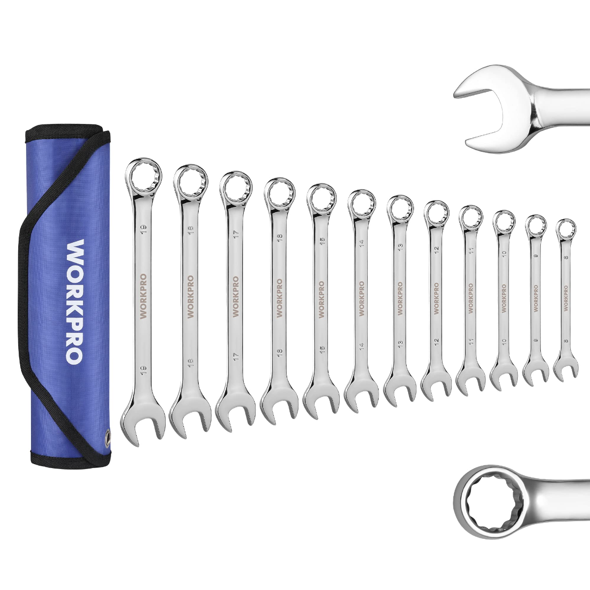 WORKPRO 12-piece Cr-V combination wrench set with blue roll-up case and chrome wrenches
