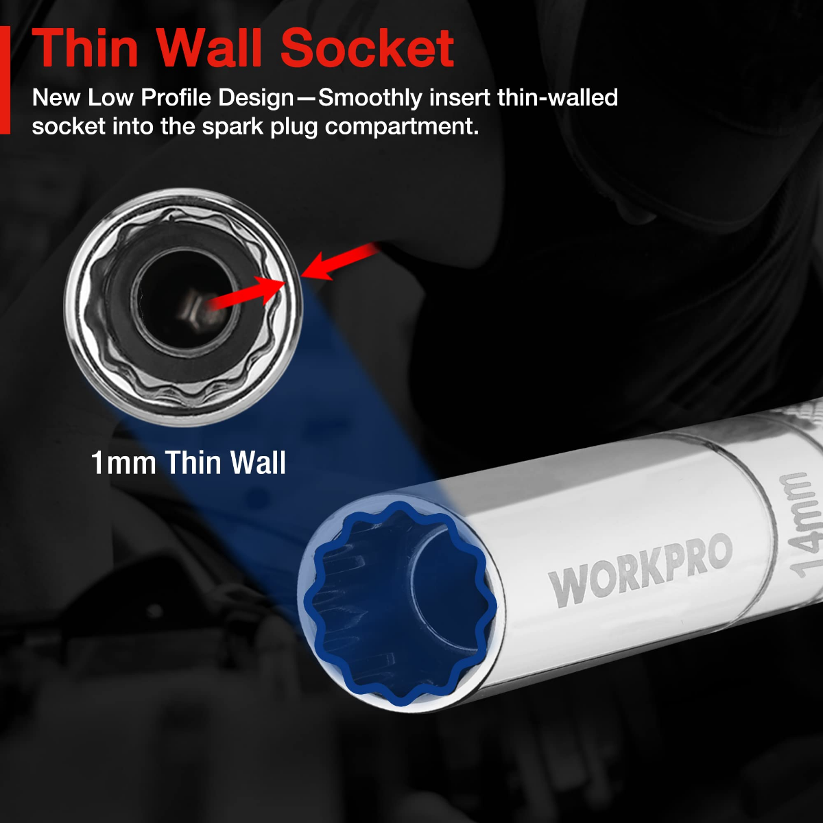 Magnetic thin-wall spark plug socket extension with 12-point socket tip