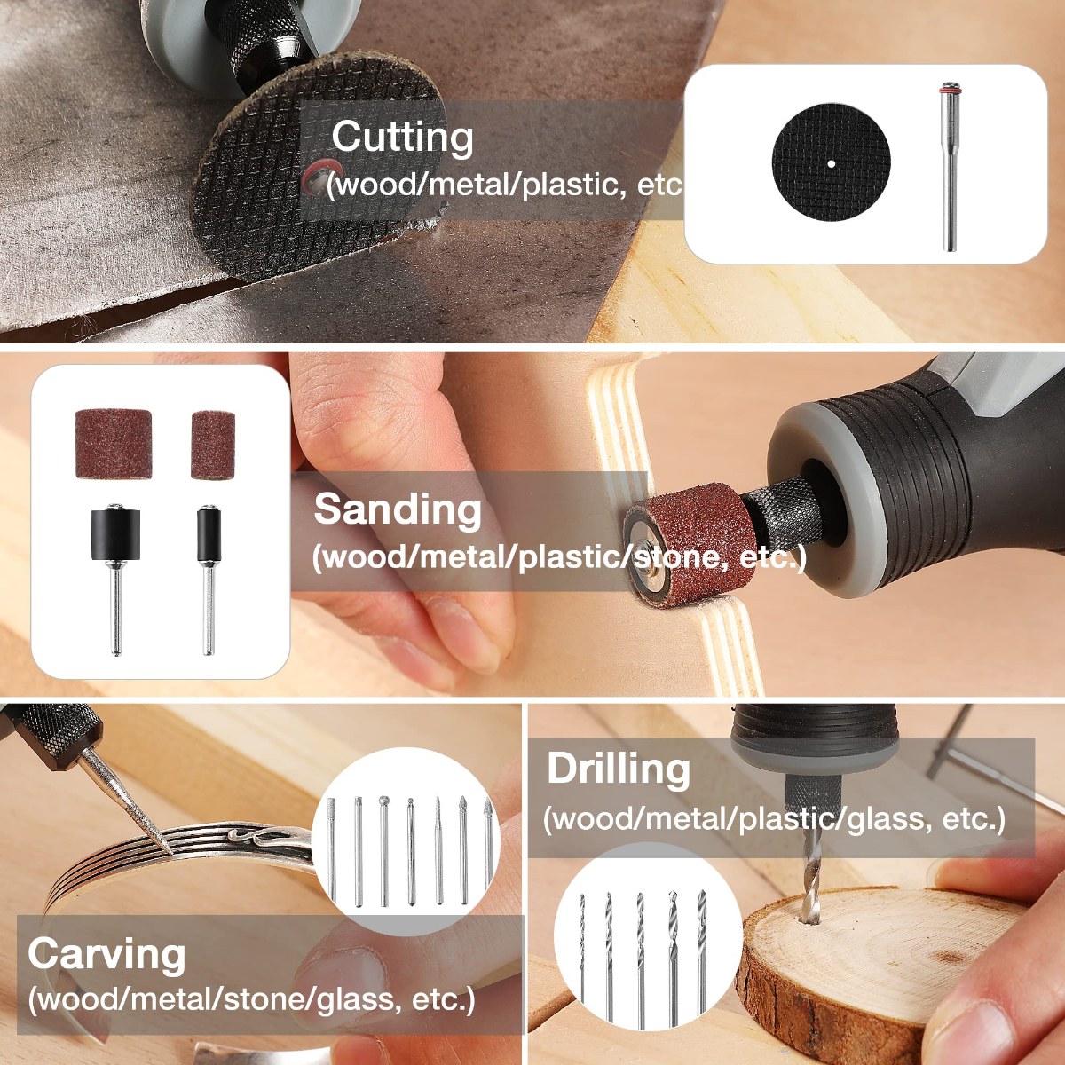 Rotary tool accessory uses shown including cutting wheel, sanding drums, carving and drill bits