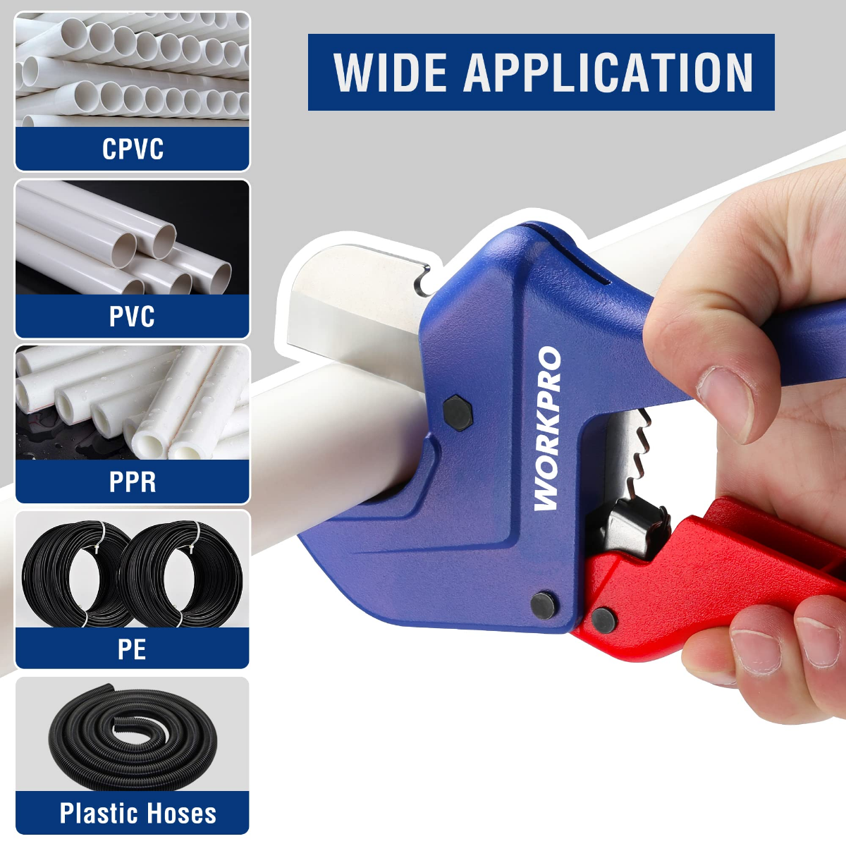 Blue and red ratchet pipe cutter tool with silver blade near plastic pipe end