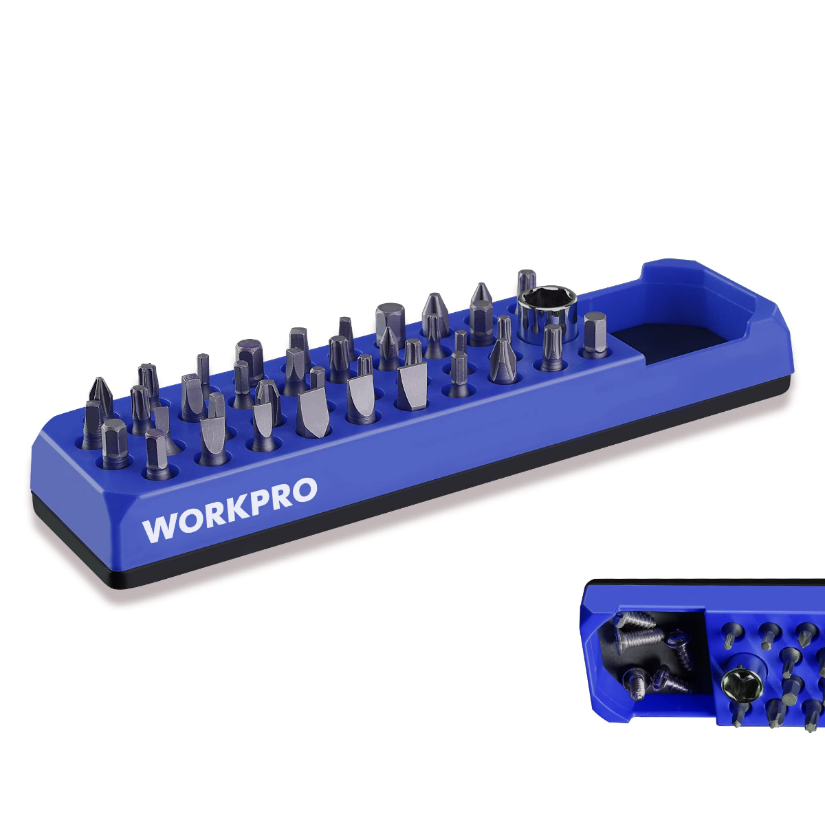WORKPRO blue magnetic hex bit organizer tray with metal hex bit sockets
