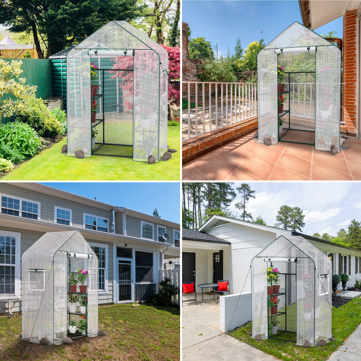 Portable walk-in greenhouse with clear PE panels and green metal frame on outdoor patio