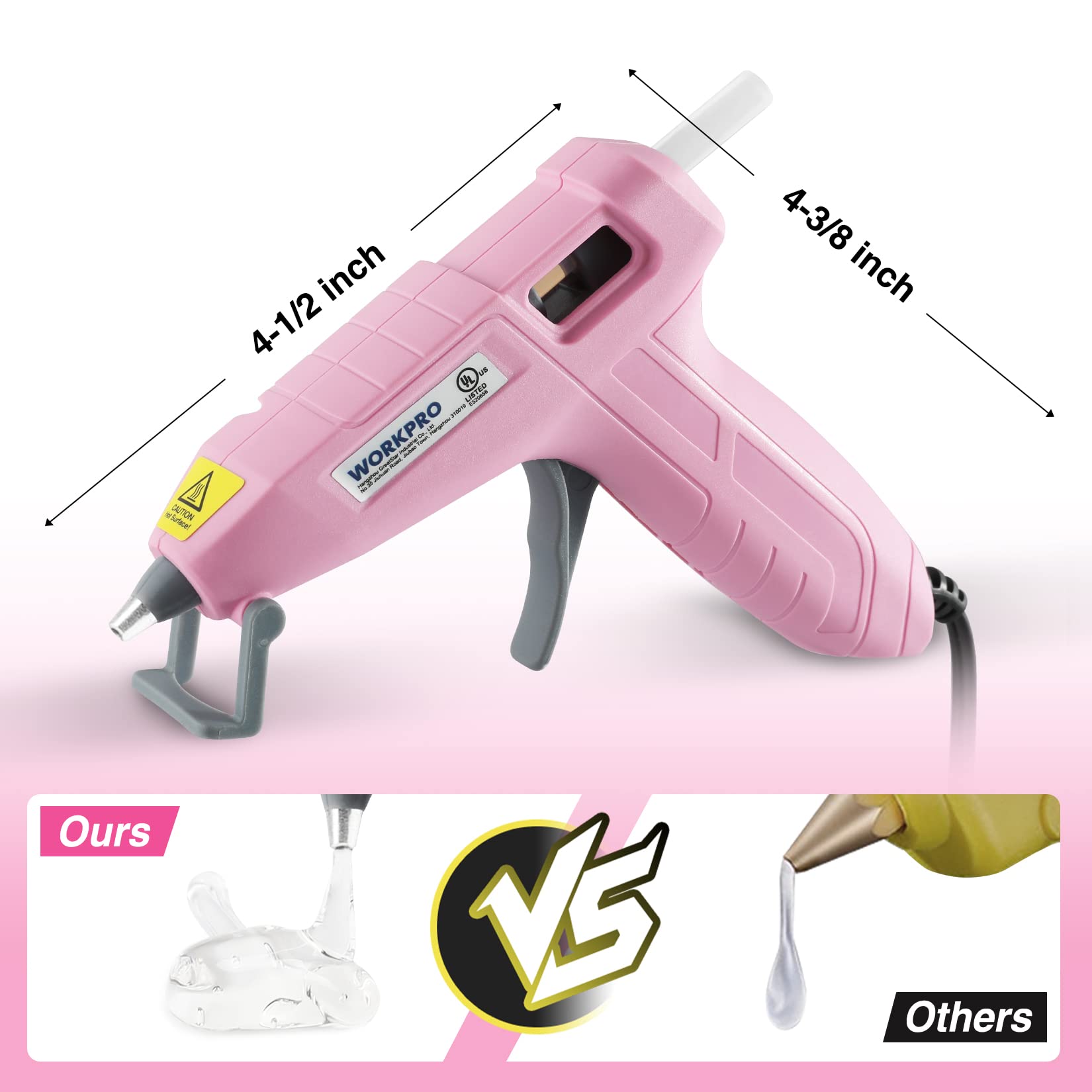 Pink mini hot glue gun with insulated nozzle and trigger, gray stand grips