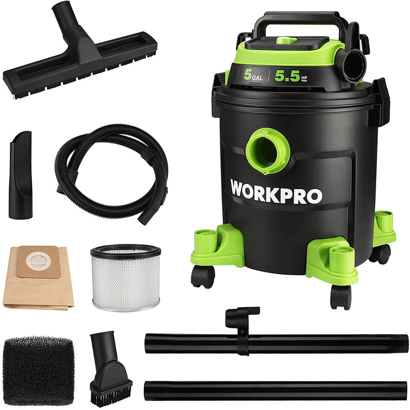 WorkPro 5 Gallon Wet/Dry Shop Vacuum, 5.5 Peak HP Shop VAC Cleaner with HEPA Filter, Hose and Accessories for Home/Jobsite