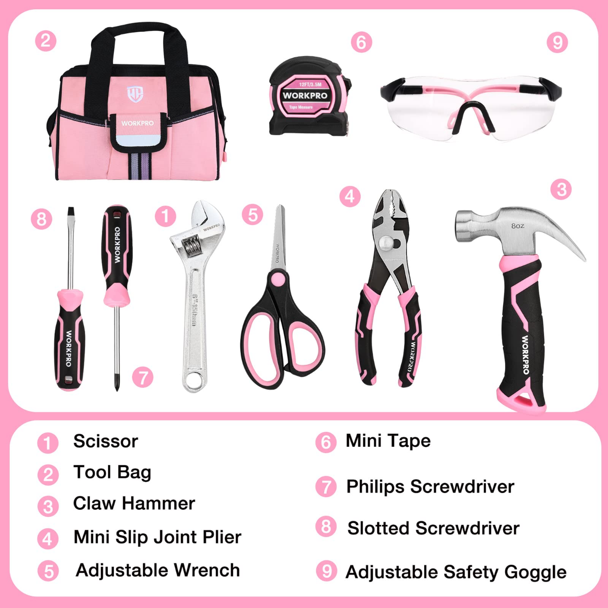 Pink kids tool bag with included mini hand tools laid out, including safety goggles