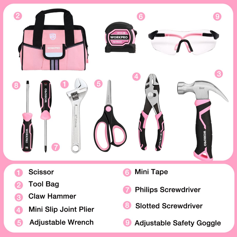 WORKPRO 9 Pcs Kids Junior Tool Set with Tool Bag, Pink/Blue - Pink Ribbon