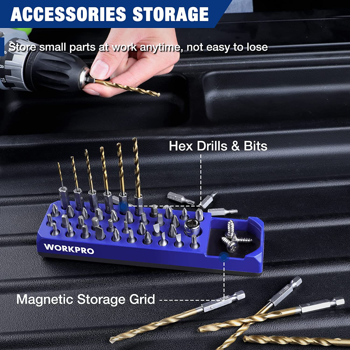 WORKPRO blue magnetic hex bit organizer tray with hex drills and bits on surface