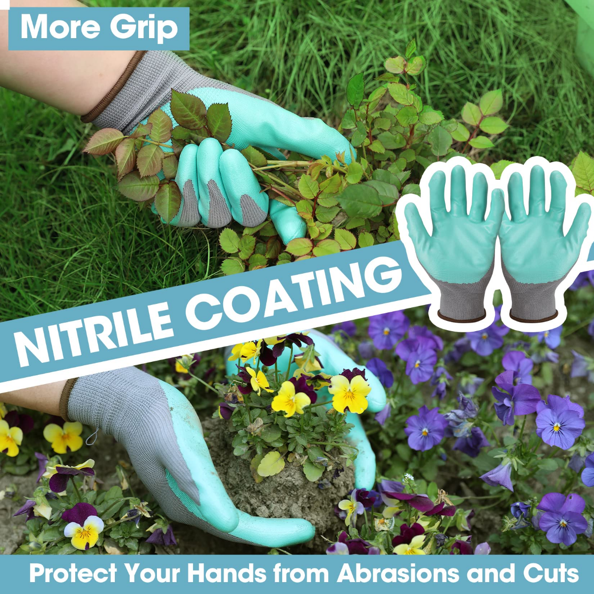 Teal nitrile-coated garden gloves with textured grip for protection