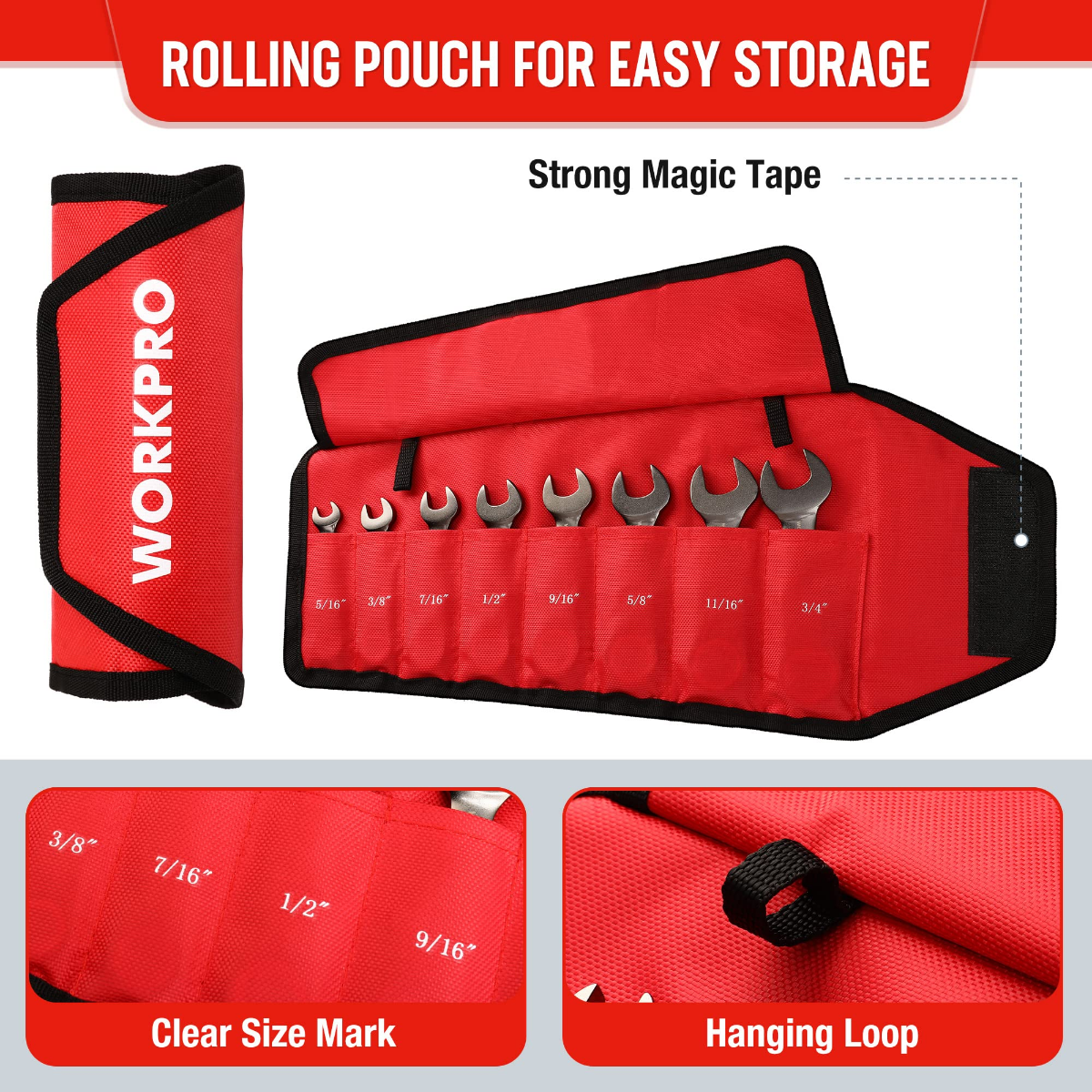 Stubby wrench set storage pouch with labeled slots and hanging loop