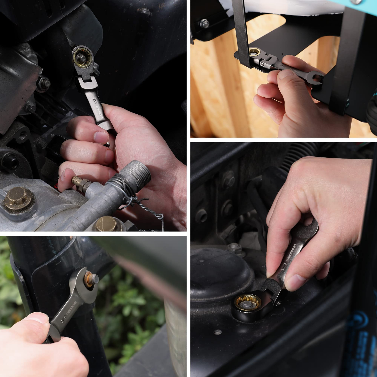 Flex-head stubby ratcheting combination wrench used on a vehicle fastener