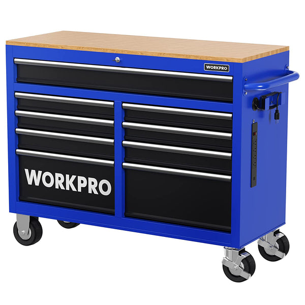 WORKPRO 46-Inch 9-Drawers Rolling Tool Chest with Wooden Top, Equipped with Casters, Handle, Drawer Liner, and Locking System, 1200 lbs Load Capacity