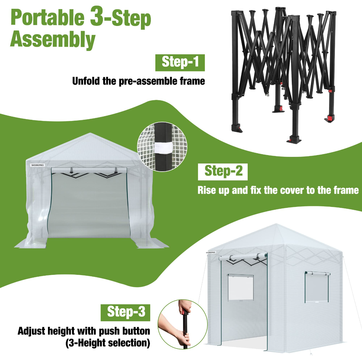 Portable walk-in greenhouse cover with zippered door and black folding frame legs