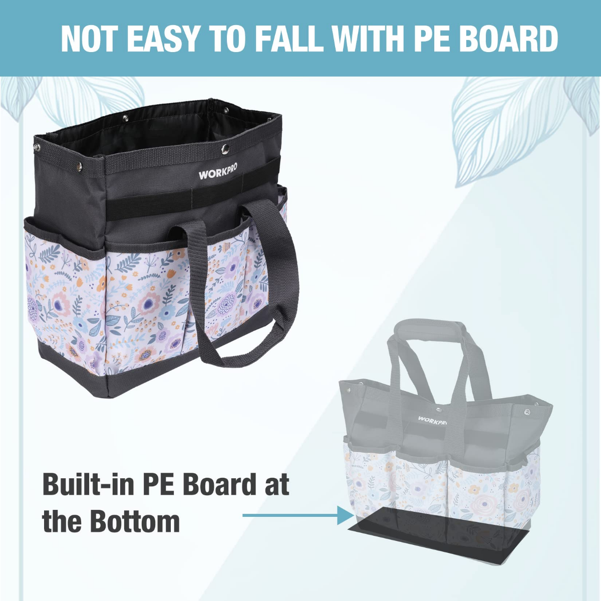 Floral garden tool tote bag with black handles and built-in PE board bottom