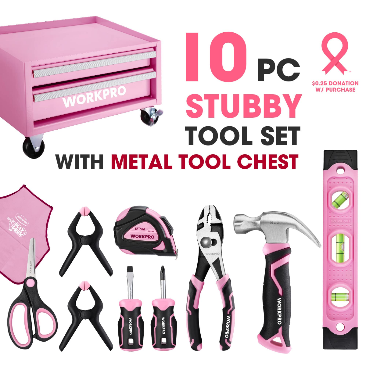 Pink metal tool chest with tools laid out, including hammer, pliers, and screwdriver