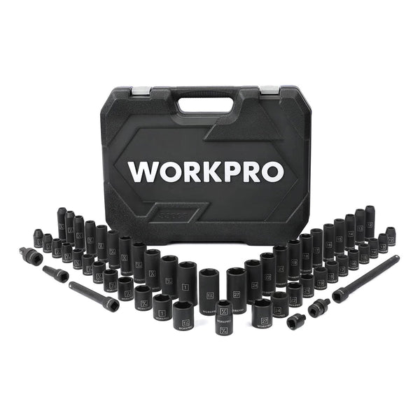 WORKPRO 55 Pcs 1/2" Drive Impact Socket Set with Extension Bars, Premium Cr-V Steel, SAE and Metric Sockets with Enhanced Storage Case
