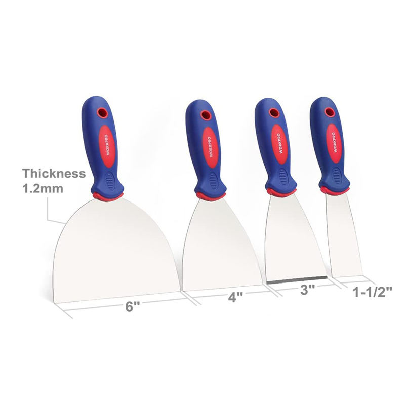 Set of four putty knives with 1.2mm stainless steel blades in sizes 6" to 1-1/2"
