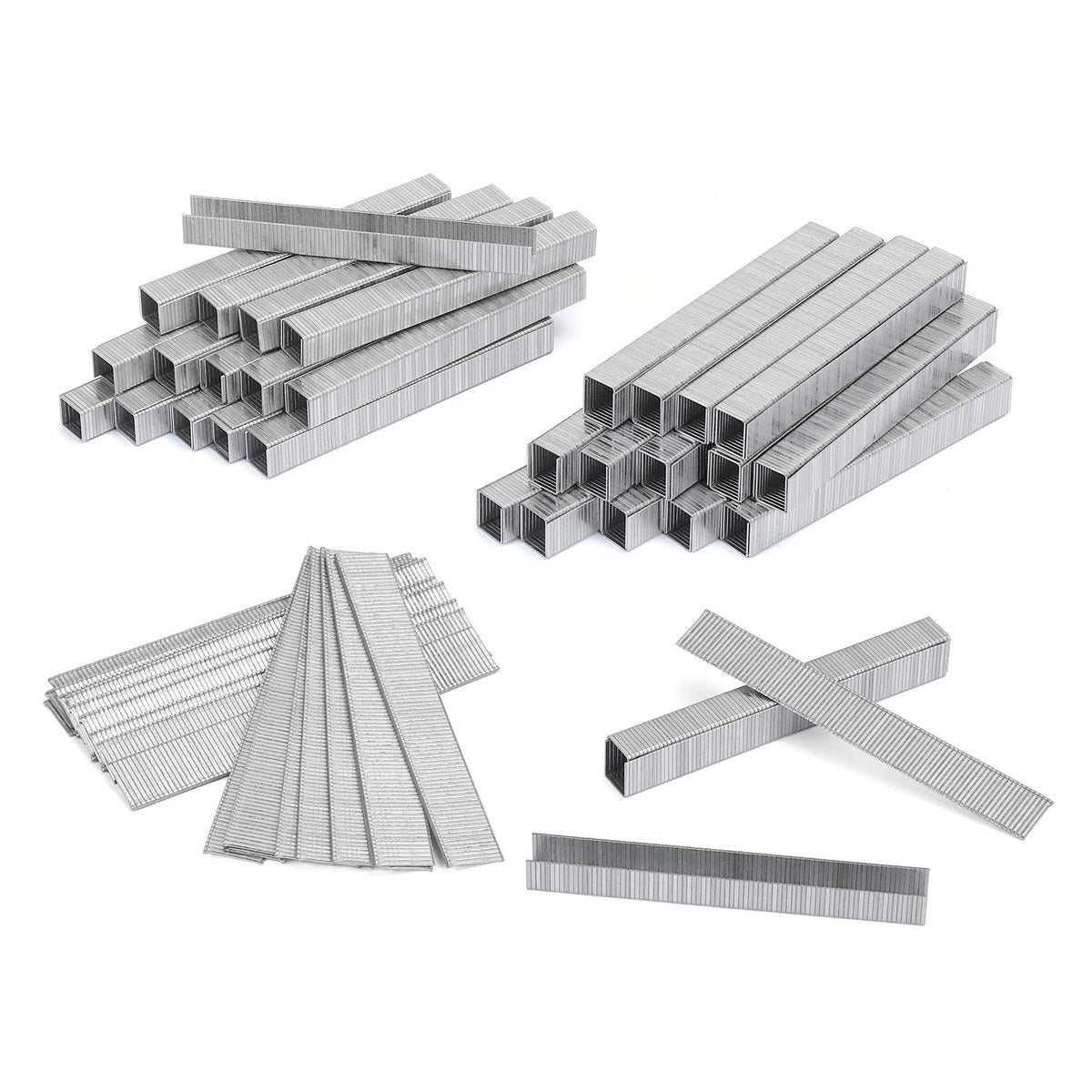 Bulk T50 staples, metal gray steel pieces and bundled strips