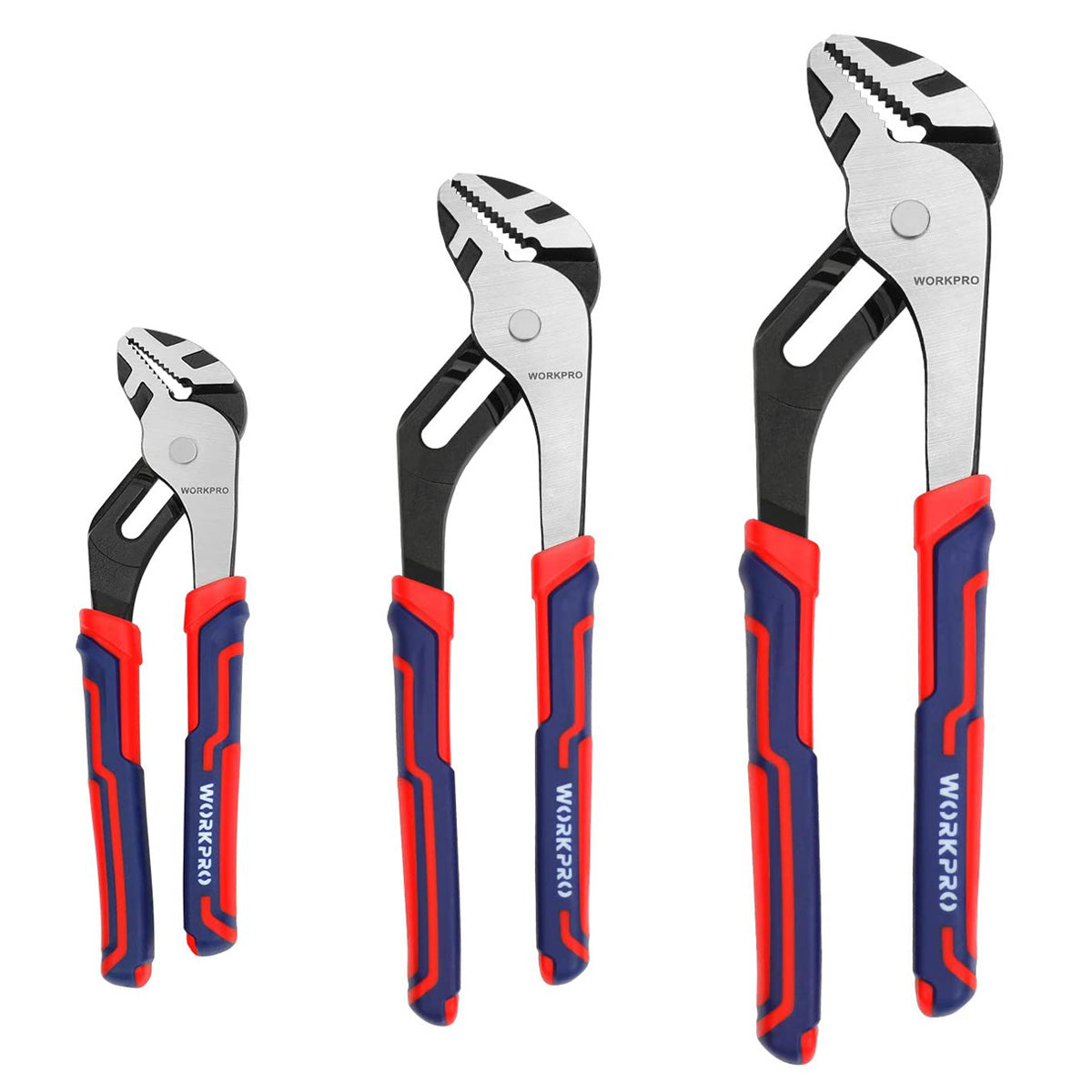 WORKPRO adjustable groove joint pliers set of three with red-blue handles and silver heads