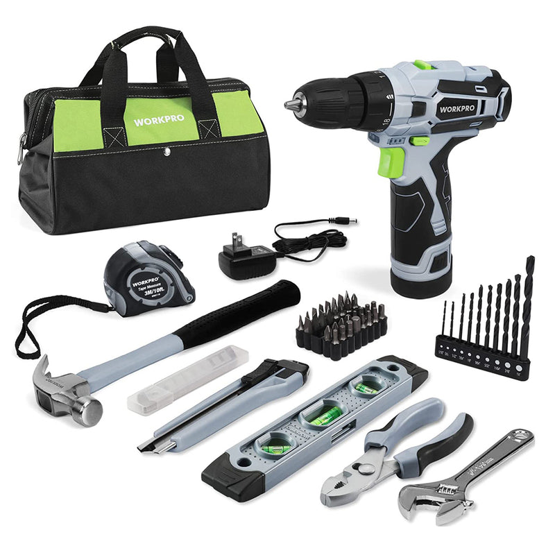 WORKPRO 61 Pcs 12V Cordless Drill and Home Tool Kit, 14-inch Storage Bag Included