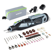 WORKPRO 12V cordless rotary tool kit with accessories and carrying case