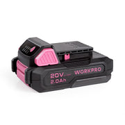WORKPRO 20V 2.0Ah Li-ion replacement battery pack, black and pink with charge indicators
