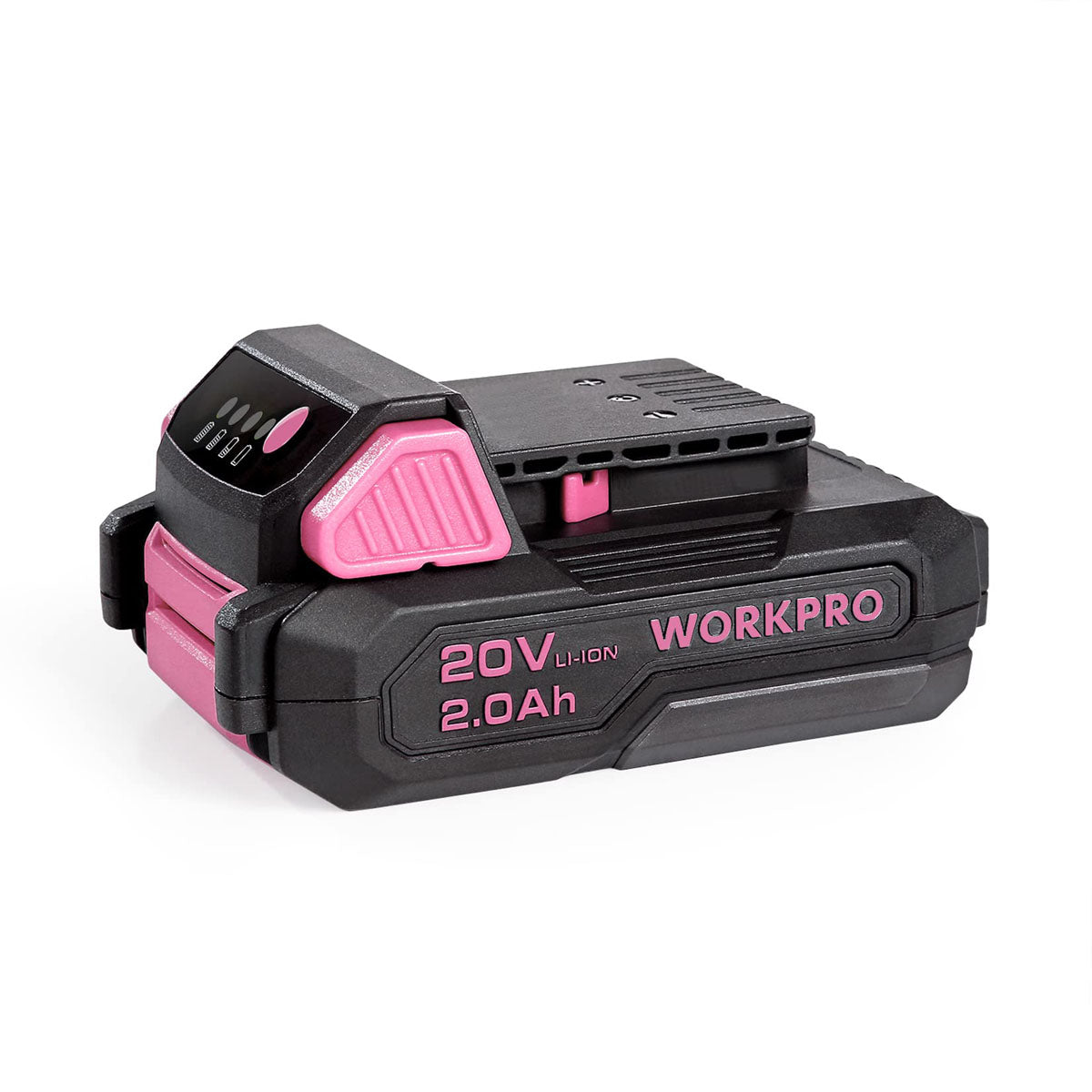 WORKPRO 20V 2.0Ah Li-ion replacement battery pack, black and pink with charge indicators