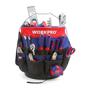 WORKPRO blue and red tool bucket organizer with black pockets and looped tool holders