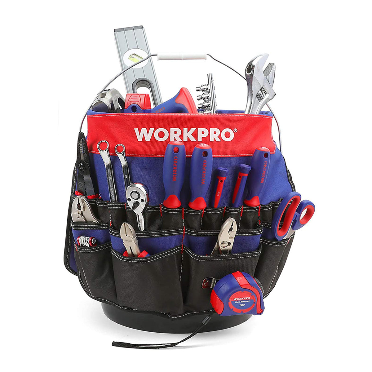 WORKPRO blue and red tool bucket organizer with black pockets and looped tool holders