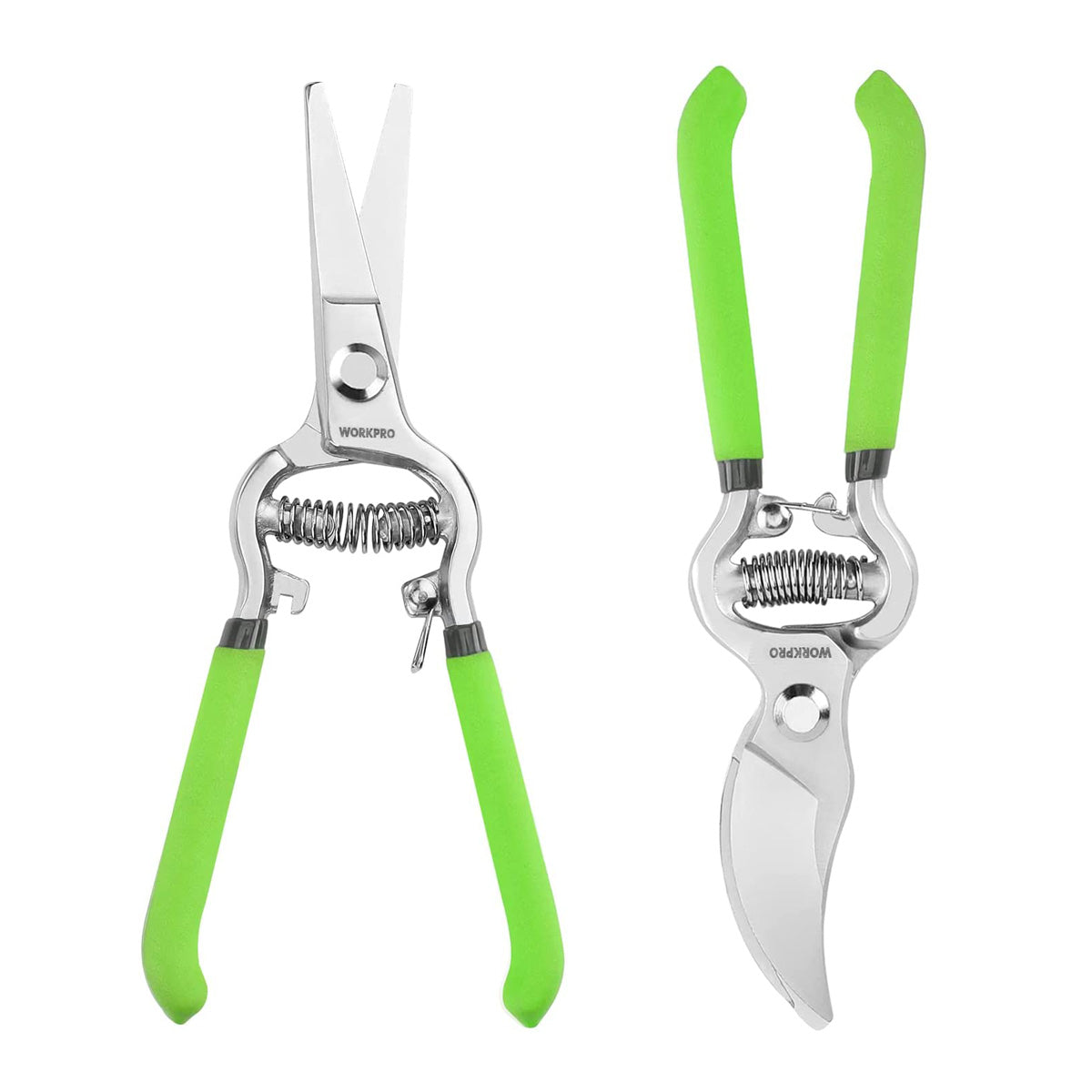 Front view of two spring-loaded pruning clippers with green handles