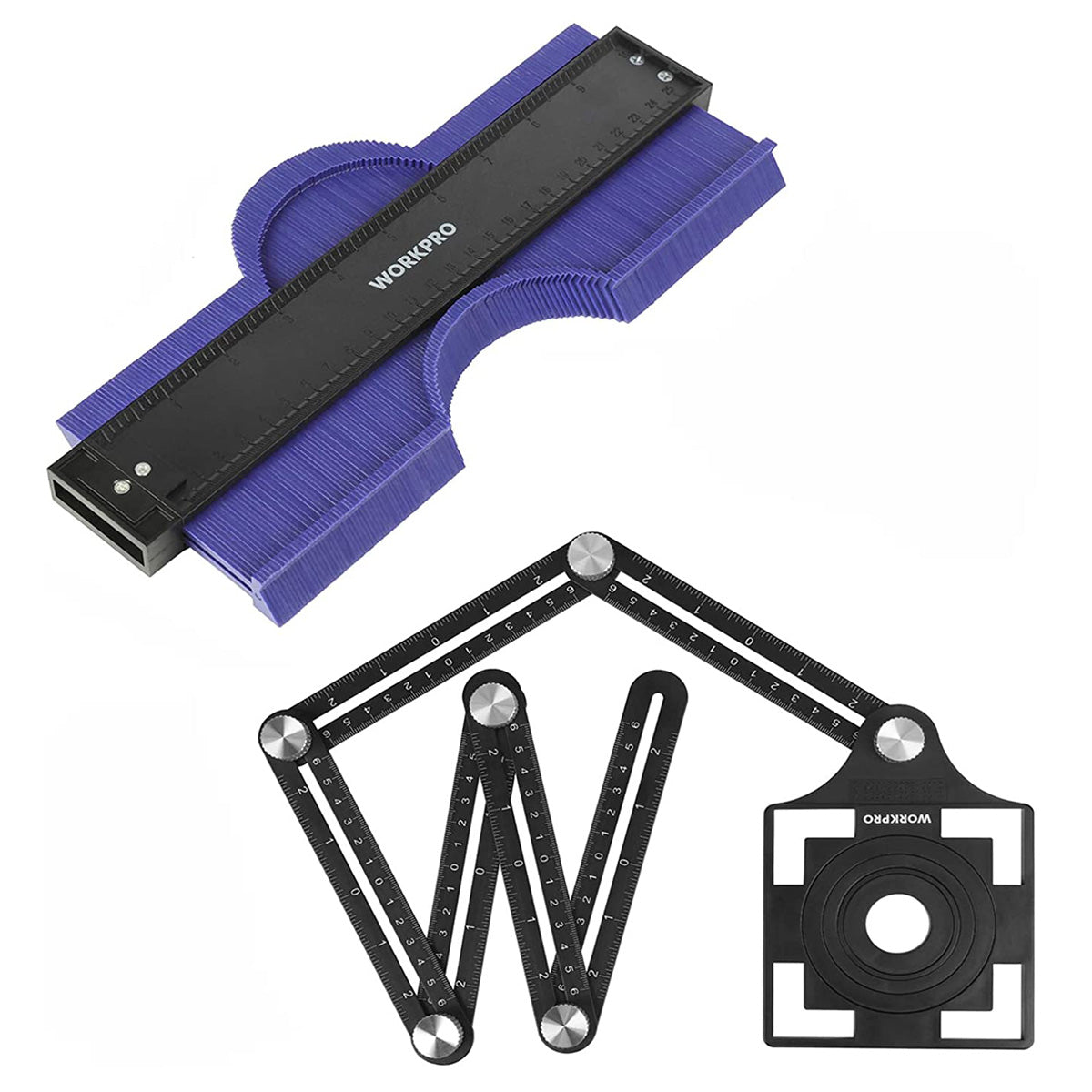 Purple contour gauge with black WORKPRO ruler and folding angle measurement legs