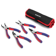 Four-piece snap ring pliers set with black pouch, blue/red handles, silver tips