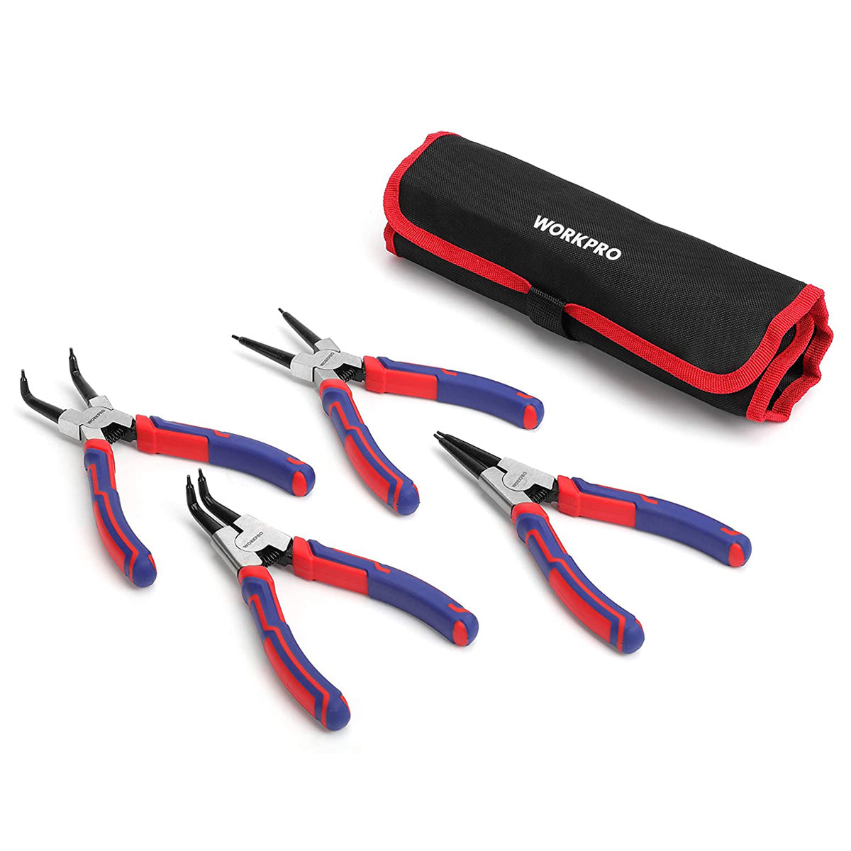 Four-piece snap ring pliers set with black pouch, blue/red handles, silver tips