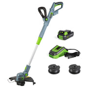 Cordless string trimmer kit with battery, charger, and spare trimmer line spools