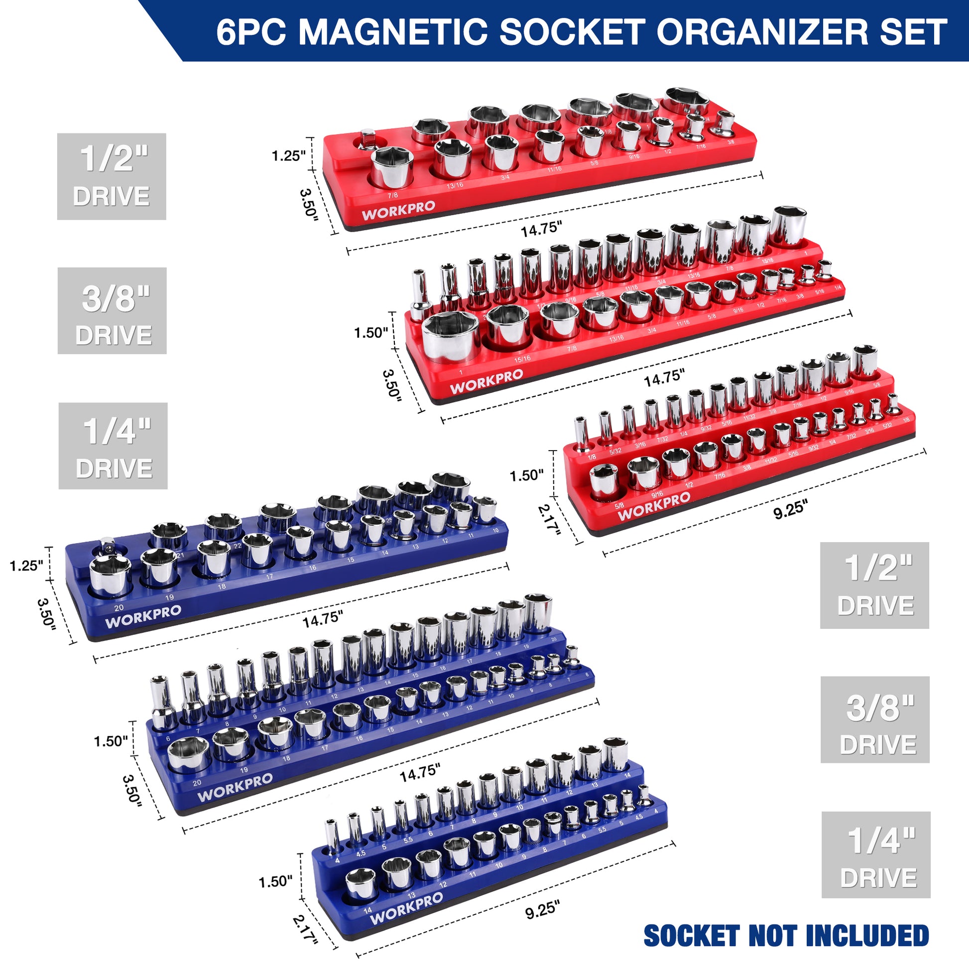 Magnetic socket organizer set with red and blue trays holding chrome sockets