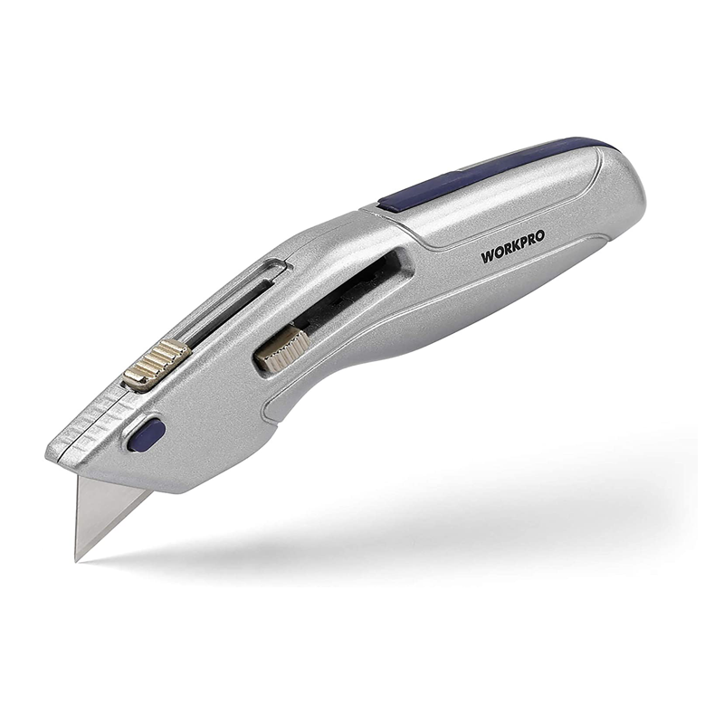 Retractable utility knife isolated view, silver body with blue insert and extended blade