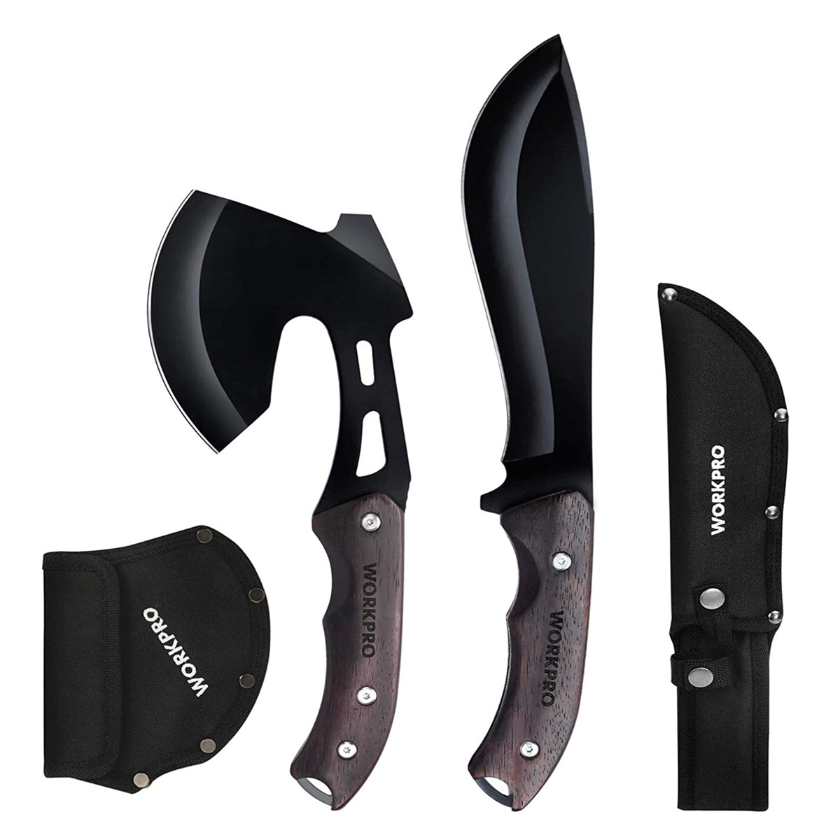 WORKPRO Full Tang Wood Handle Axe and Fixed Blade Knife Combo Set with Nylon Sheath