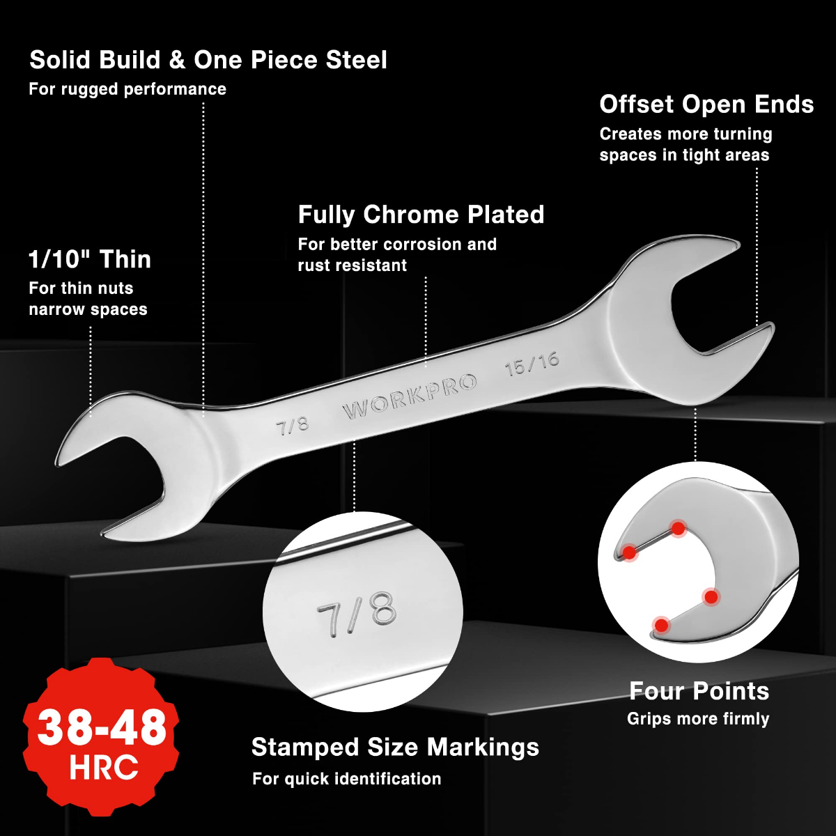 Chrome metric open-end wrench with stamped size marking on the head.