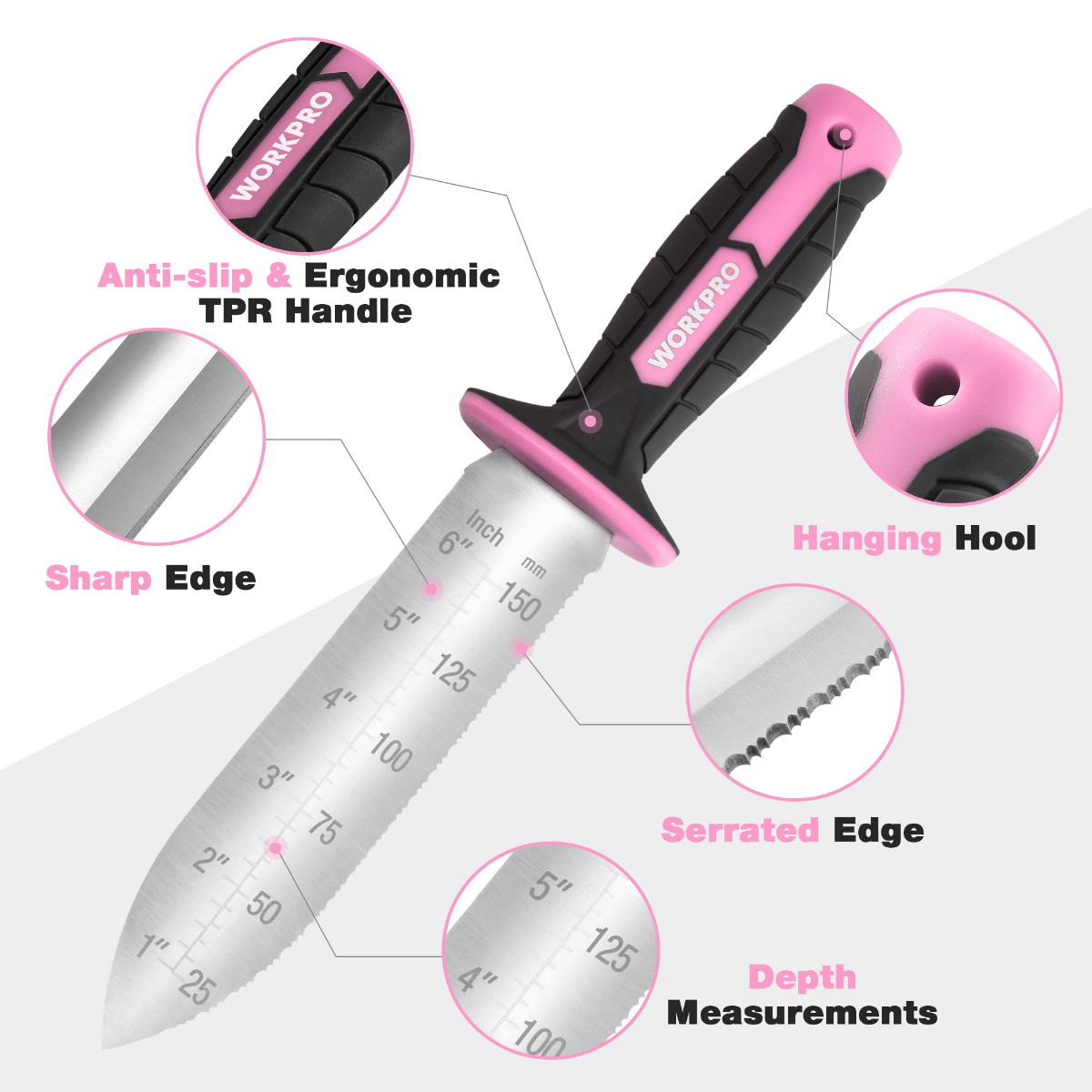 Garden knife with pink Oxford sheath and 7in stainless serrated blade