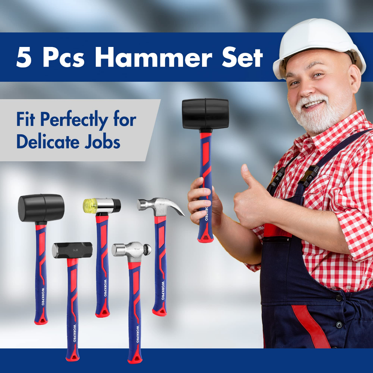 WORKPRO 5-piece hammer set with blue-and-red fiberglass handles and black metal heads