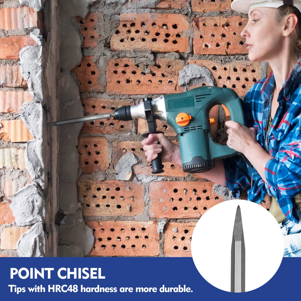Point chisel attachment for SDS rotary hammer, steel point tip