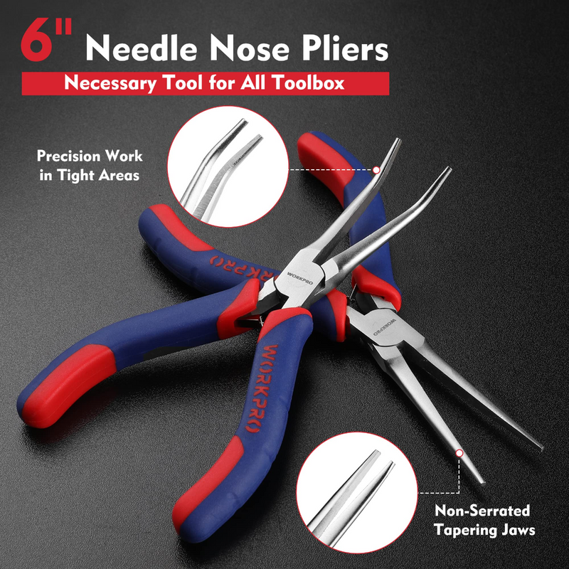 WORKPRO 2-Pcs 6 Mini Needle Nose Pliers Set, Long Nose Pliers, Bent N