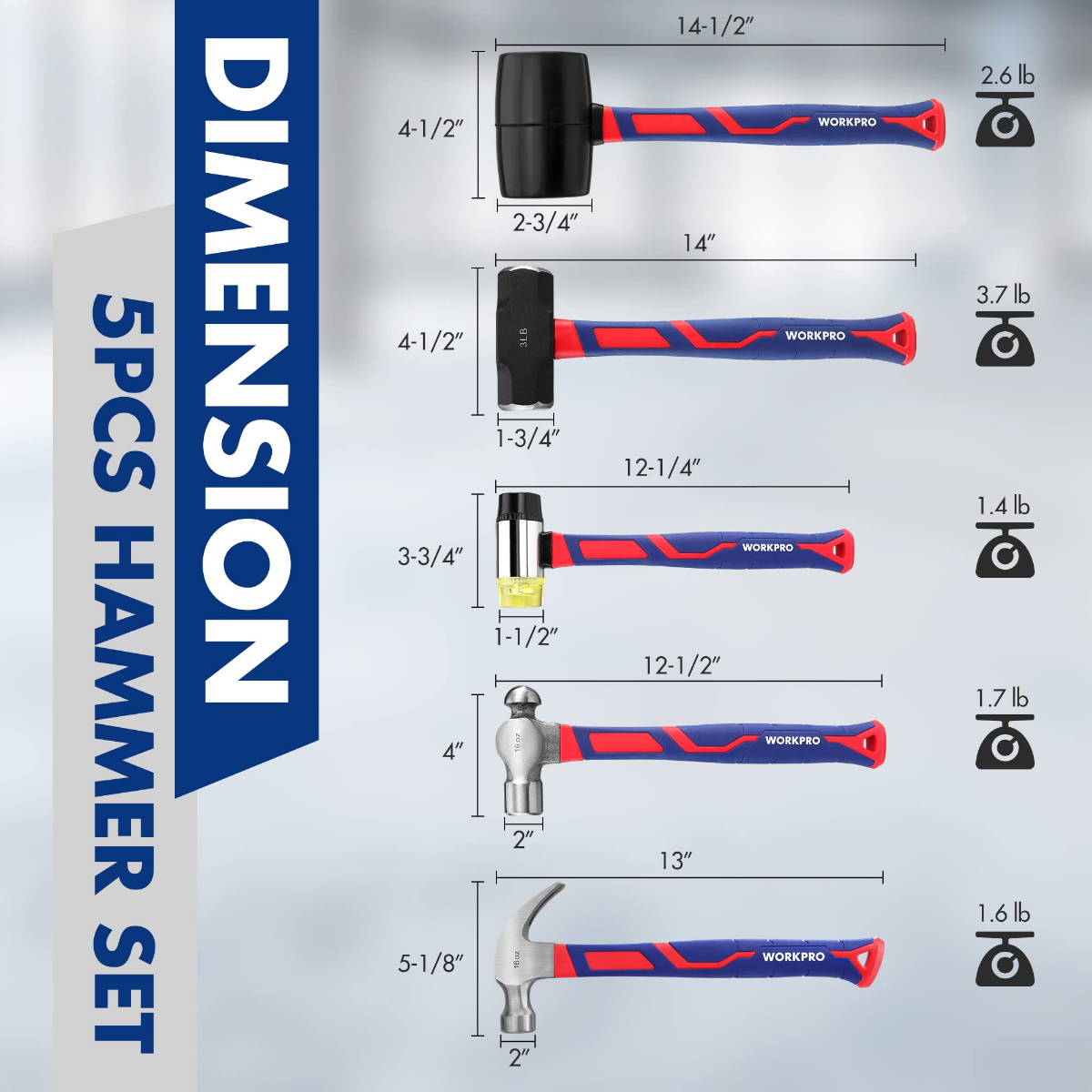 Assorted WORKPRO hammers with blue-and-red grips and different metal head shapes