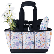 WORKPRO garden tool tote bag with black handles and floral organizer pockets, 9 sections