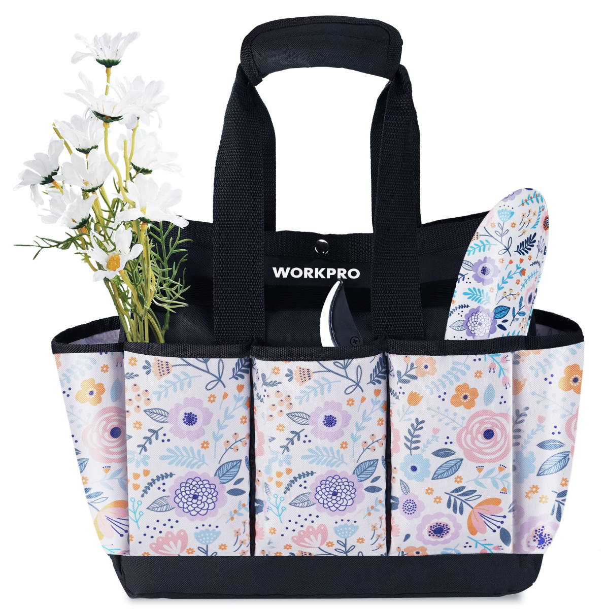 WORKPRO garden tool tote bag with black handles and floral organizer pockets, 9 sections