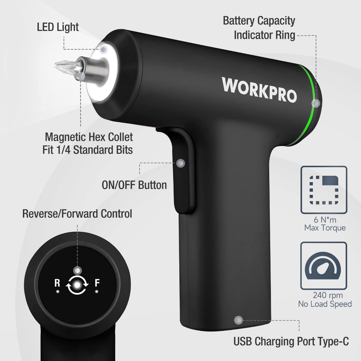 Cordless electric screwdriver, black with magnetic hex bit holder and USB-C charging port
