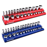 Magnetic socket organizer set showing rows of chrome sockets on red and blue bases